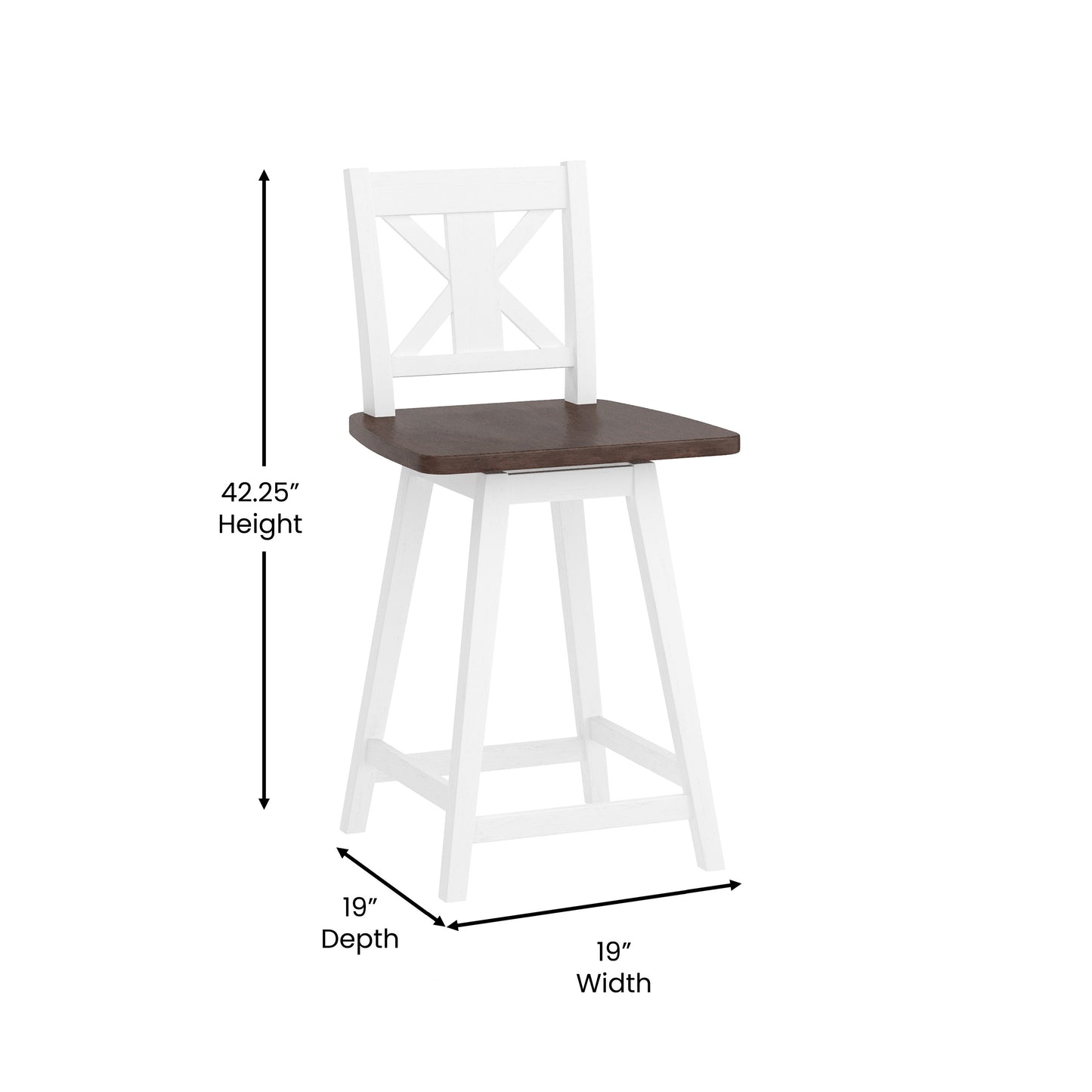Gwendolyn Commercial Grade Solid Wood Modern Farmhouse Swivel Bar Height Barstool in Antique White Wash with Gray Wash Seat