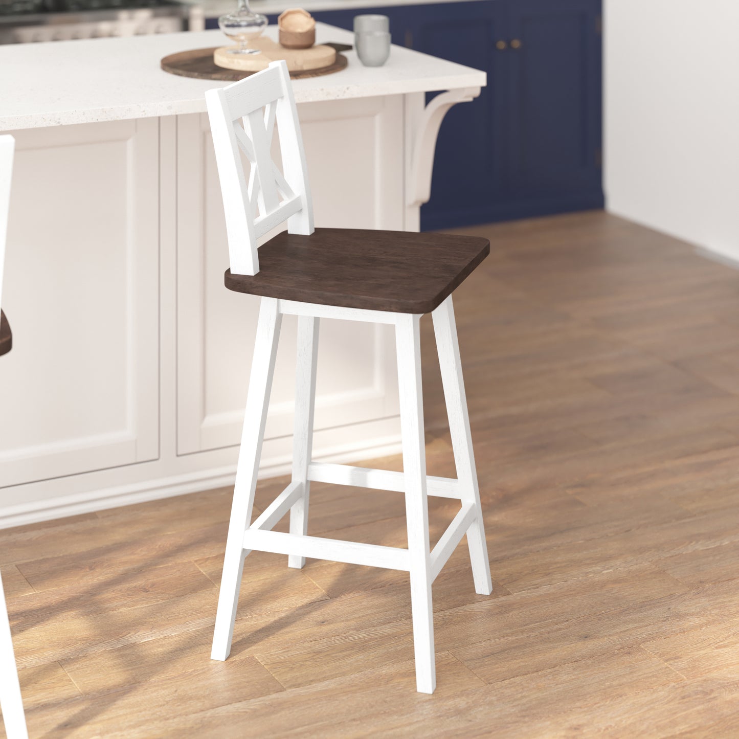 Gwendolyn Commercial Grade Solid Wood Modern Farmhouse Swivel Bar Height Barstool in Antique White Wash with Gray Wash Seat