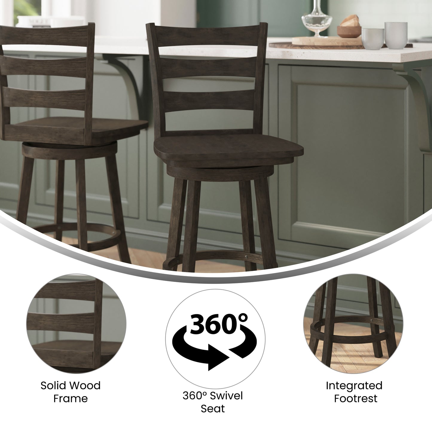 Liesel Commercial Grade Wooden Classic Ladderback Swivel Counter Height Barstool with Solid Wood Seat, Gray Wash Walnut