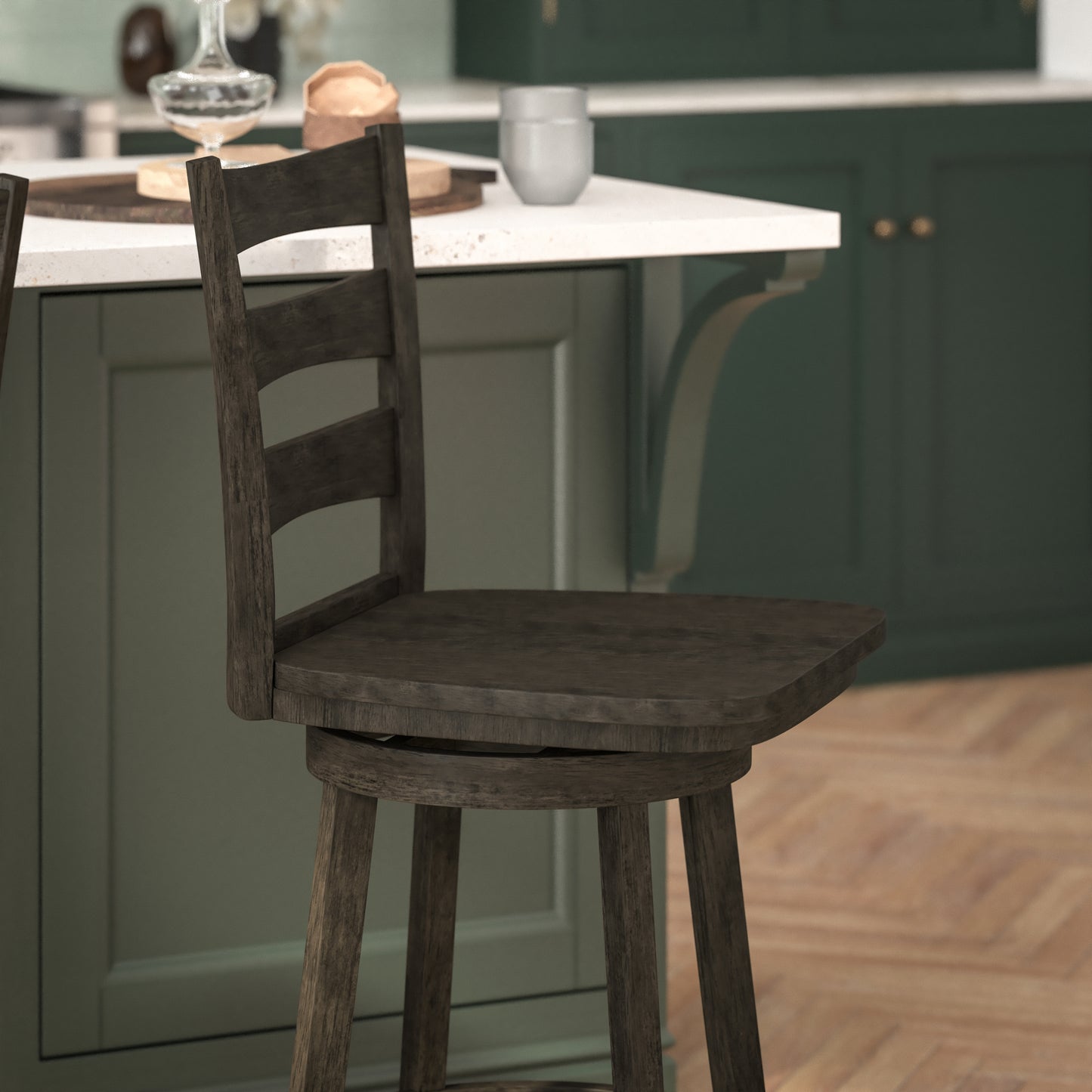 Liesel Commercial Grade Wooden Classic Ladderback Swivel Counter Height Barstool with Solid Wood Seat, Gray Wash Walnut