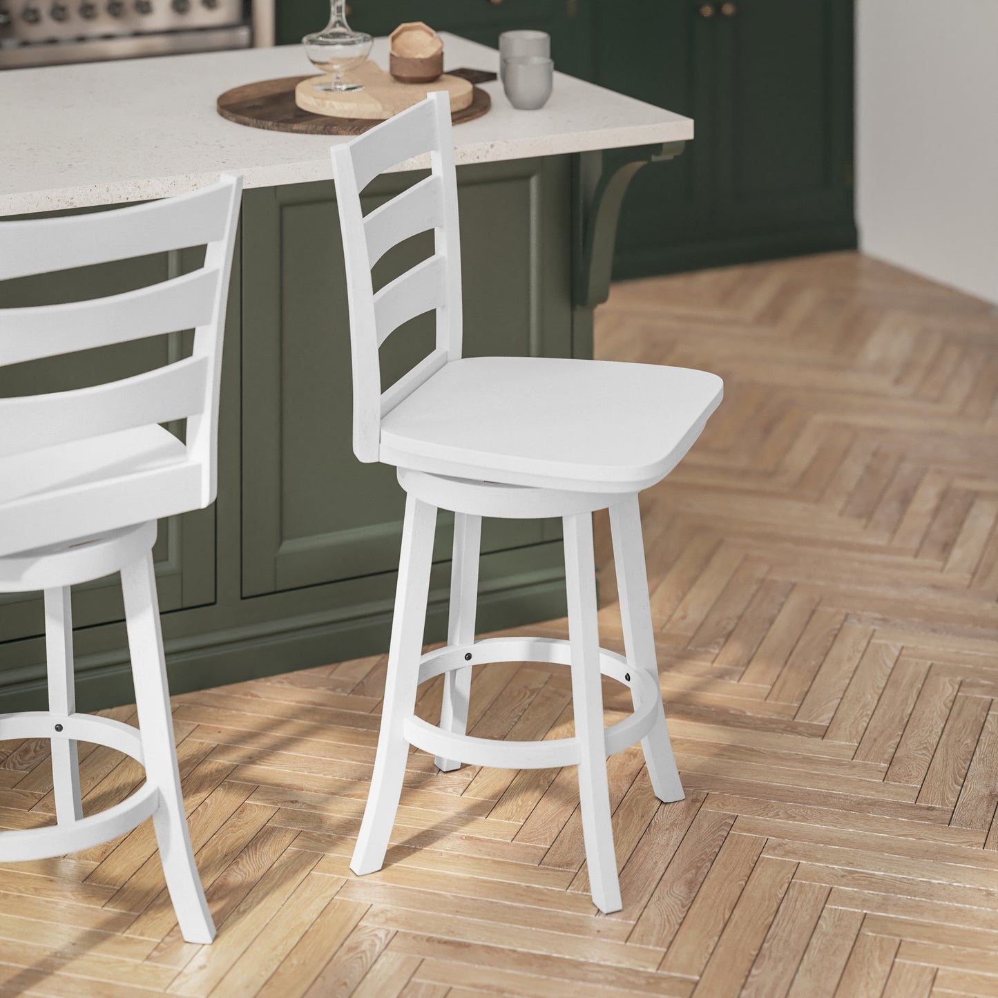 Liesel Commercial Grade Wooden Classic Ladderback Swivel Counter Height Barstool with Solid Wood Seat, Antique White Wash