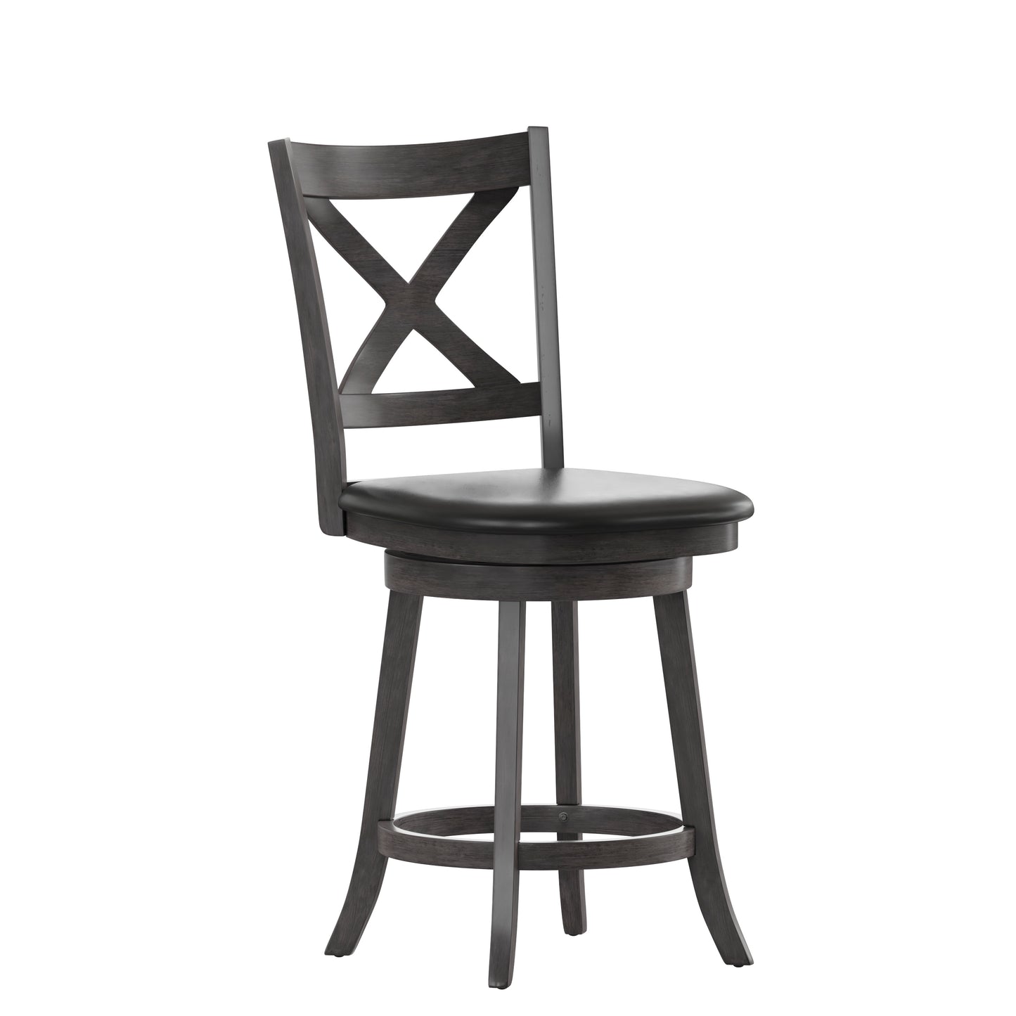 Felicity Commercial Grade Wood Classic Crossback Swivel Counter Height Barstool with Padded Black LeatherSoft Seat, Gray Wash Walnut