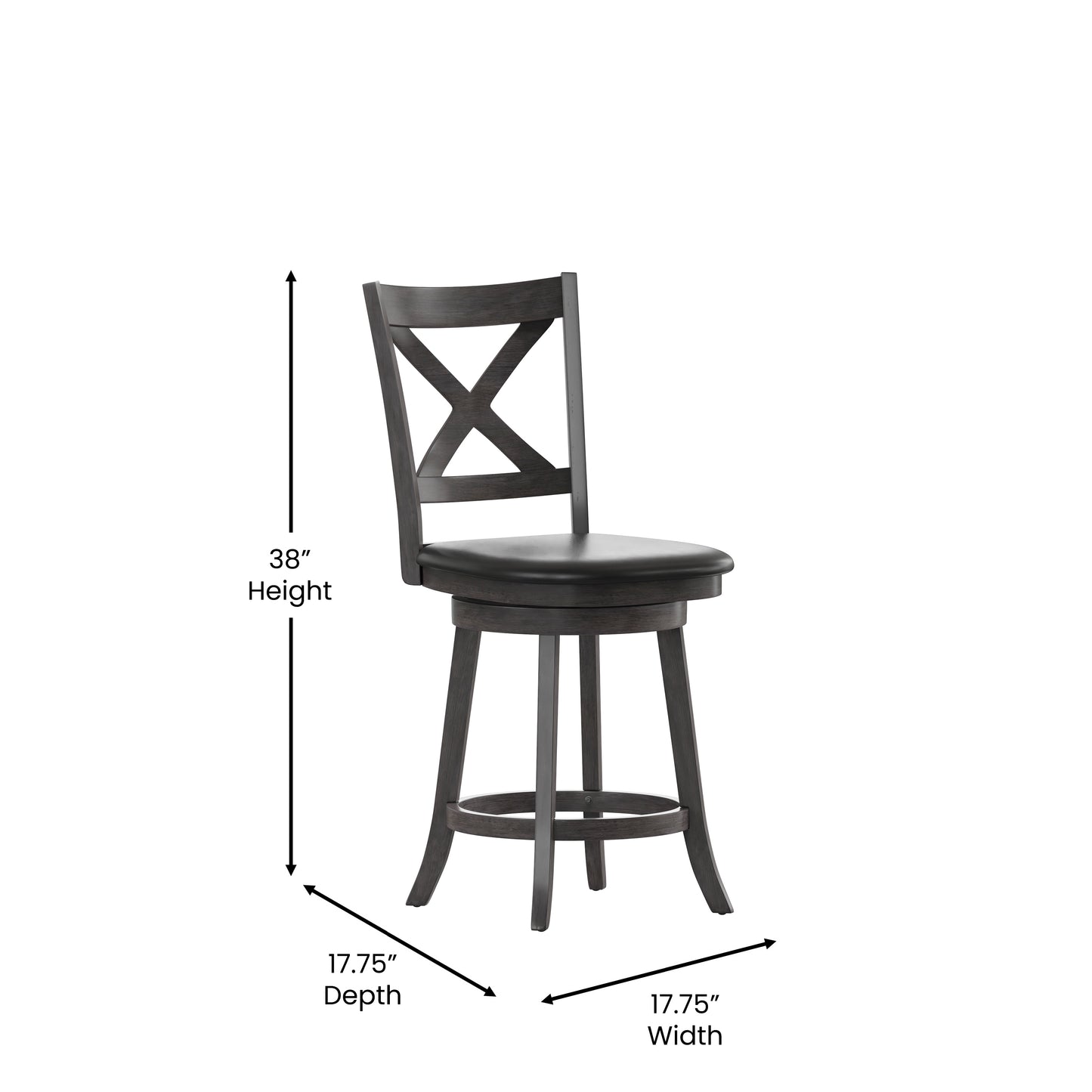 Felicity Commercial Grade Wood Classic Crossback Swivel Counter Height Barstool with Padded Black LeatherSoft Seat, Gray Wash Walnut