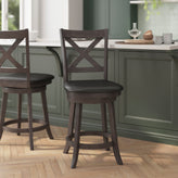Felicity Commercial Grade Wood Classic Crossback Swivel Counter Height Barstool with Padded Black LeatherSoft Seat, Gray Wash Walnut