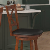 Felicity Commercial Grade Wood Classic Crossback Swivel Counter Height Barstool with Padded Black LeatherSoft Seat, Antique Oak