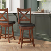Felicity Commercial Grade Wood Classic Crossback Swivel Counter Height Barstool with Padded Black LeatherSoft Seat, Antique Oak