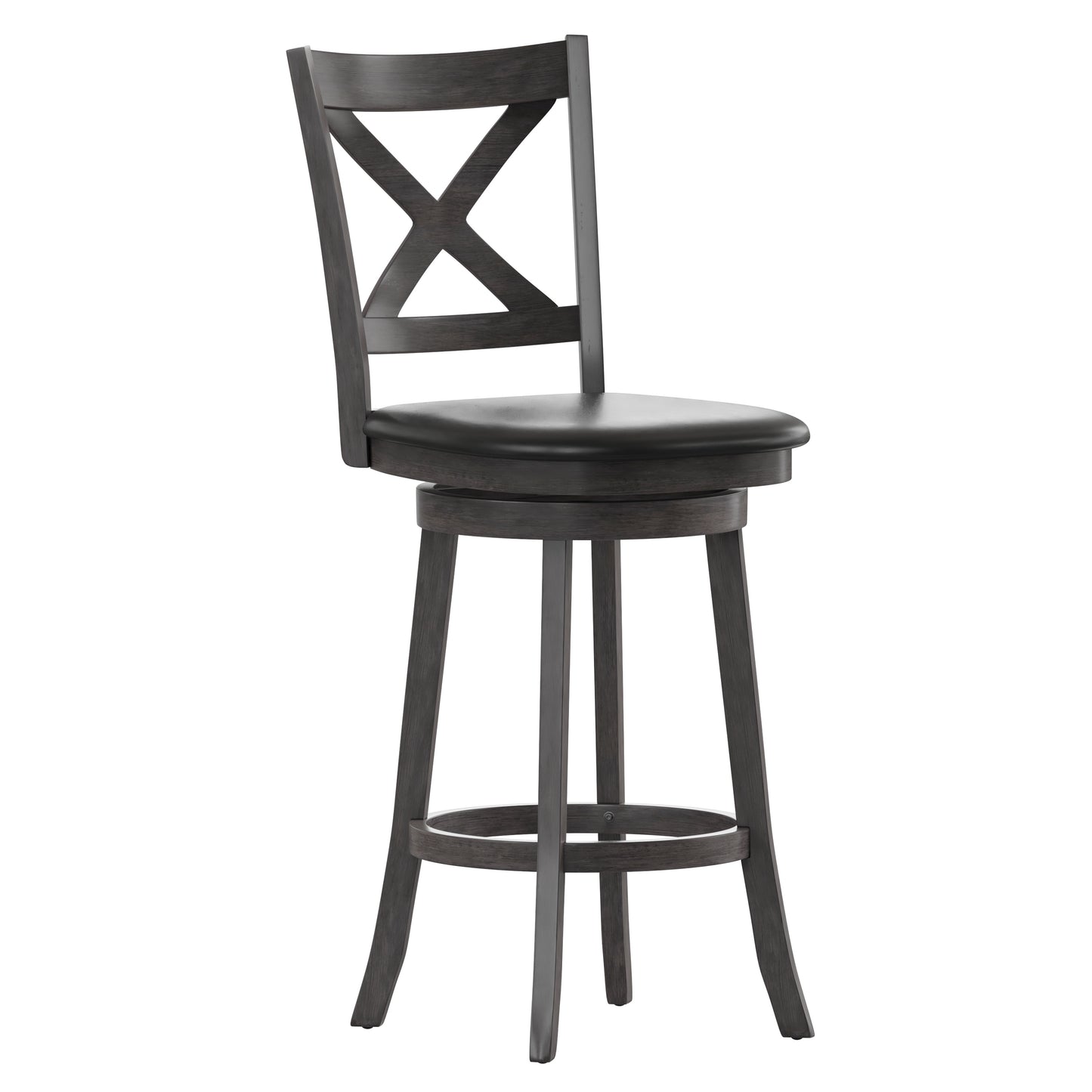 Felicity Commercial Grade Wood Classic Crossback Swivel Bar Height Barstool with Padded Black LeatherSoft Seat, Gray Wash Walnut