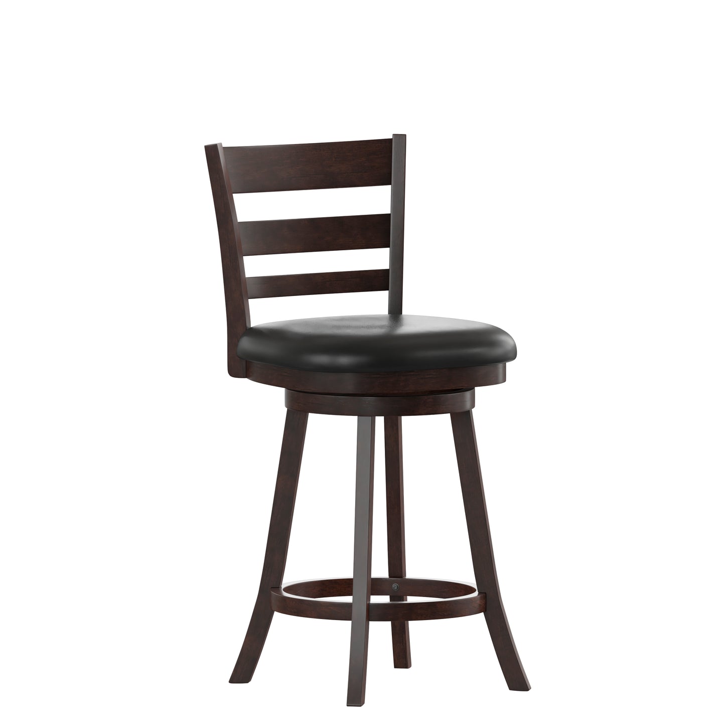 Zerrick Commercial Grade Wood Classic Ladderback Swivel Counter Height Barstool with Padded Black LeatherSoft Seat, Espresso