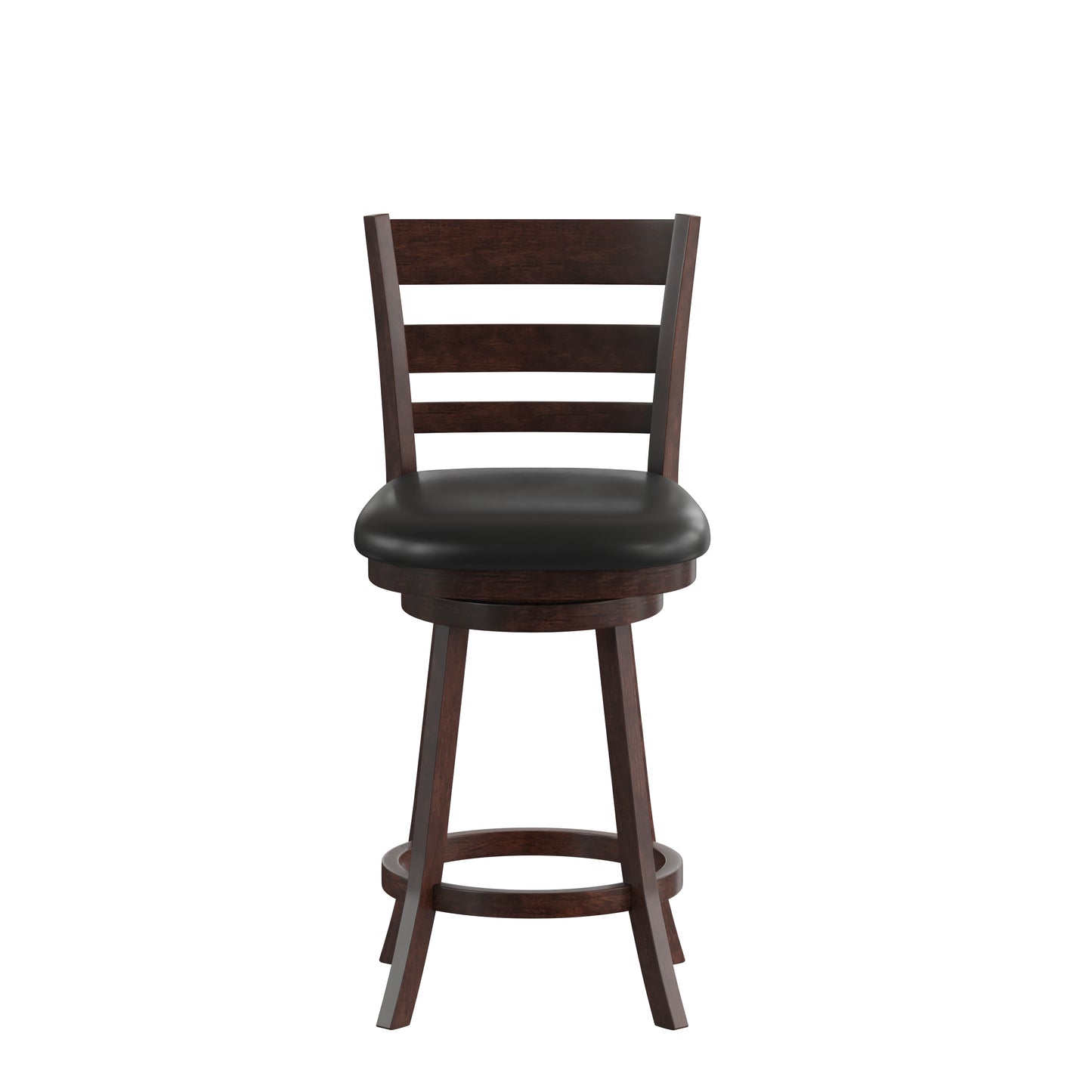 Zerrick Commercial Grade Wood Classic Ladderback Swivel Counter Height Barstool with Padded Black LeatherSoft Seat, Espresso