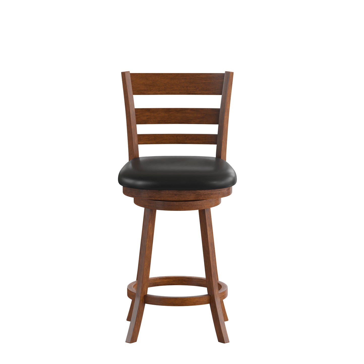 Zerrick Commercial Grade Wood Classic Ladderback Swivel Counter Height Barstool with Padded Black LeatherSoft Seat, Antique Oak