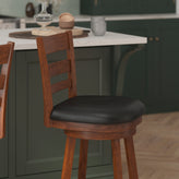 Zerrick Commercial Grade Wood Classic Ladderback Swivel Counter Height Barstool with Padded Black LeatherSoft Seat, Antique Oak