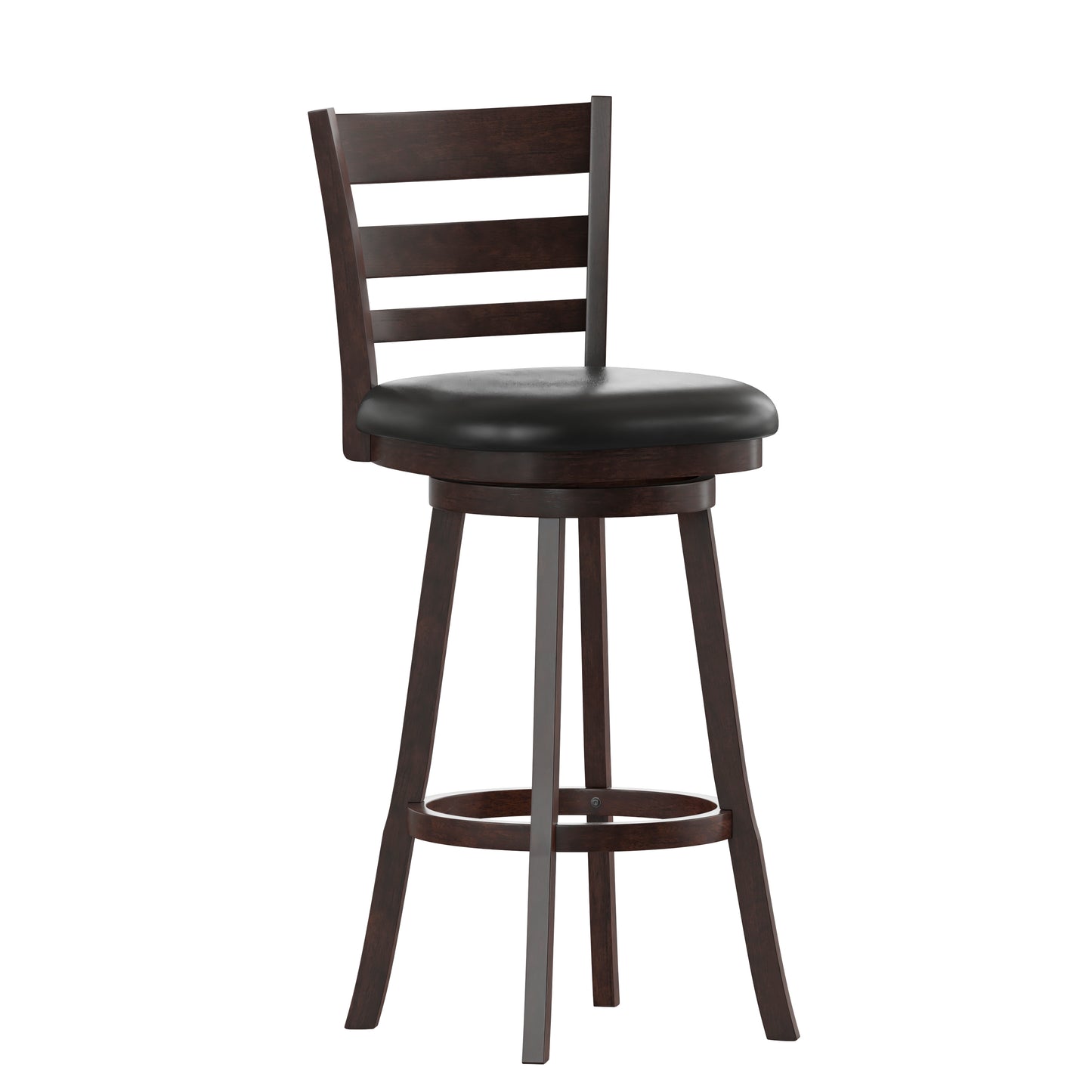 Zerrick Commercial Grade Wood Classic Ladderback Swivel Bar Height Barstool with Padded Black LeatherSoft Seat, Espresso