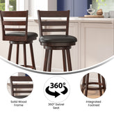 Zerrick Commercial Grade Wood Classic Ladderback Swivel Bar Height Barstool with Padded Black LeatherSoft Seat, Espresso