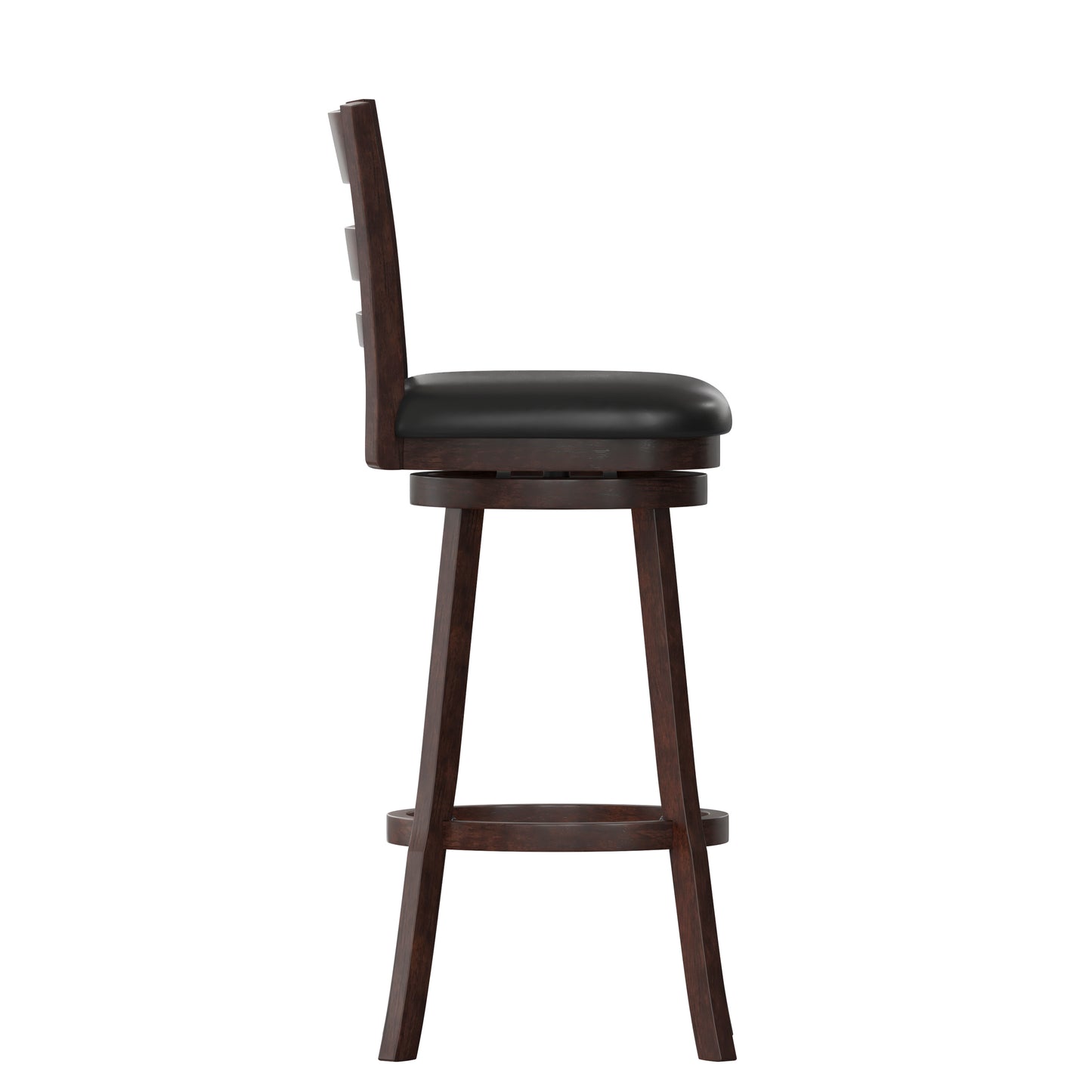 Zerrick Commercial Grade Wood Classic Ladderback Swivel Bar Height Barstool with Padded Black LeatherSoft Seat, Espresso