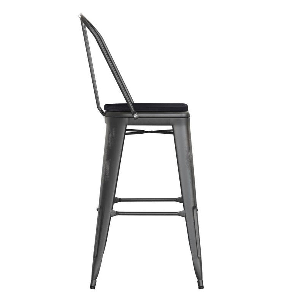 Carly Black Metal Outdoor Barstool with Black Poly Resin Wood Seat