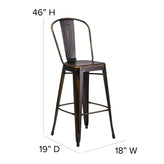 Carly Commercial Grade 30" High Copper Metal Indoor-Outdoor Barstool with Back with Black Poly Resin Wood Seat