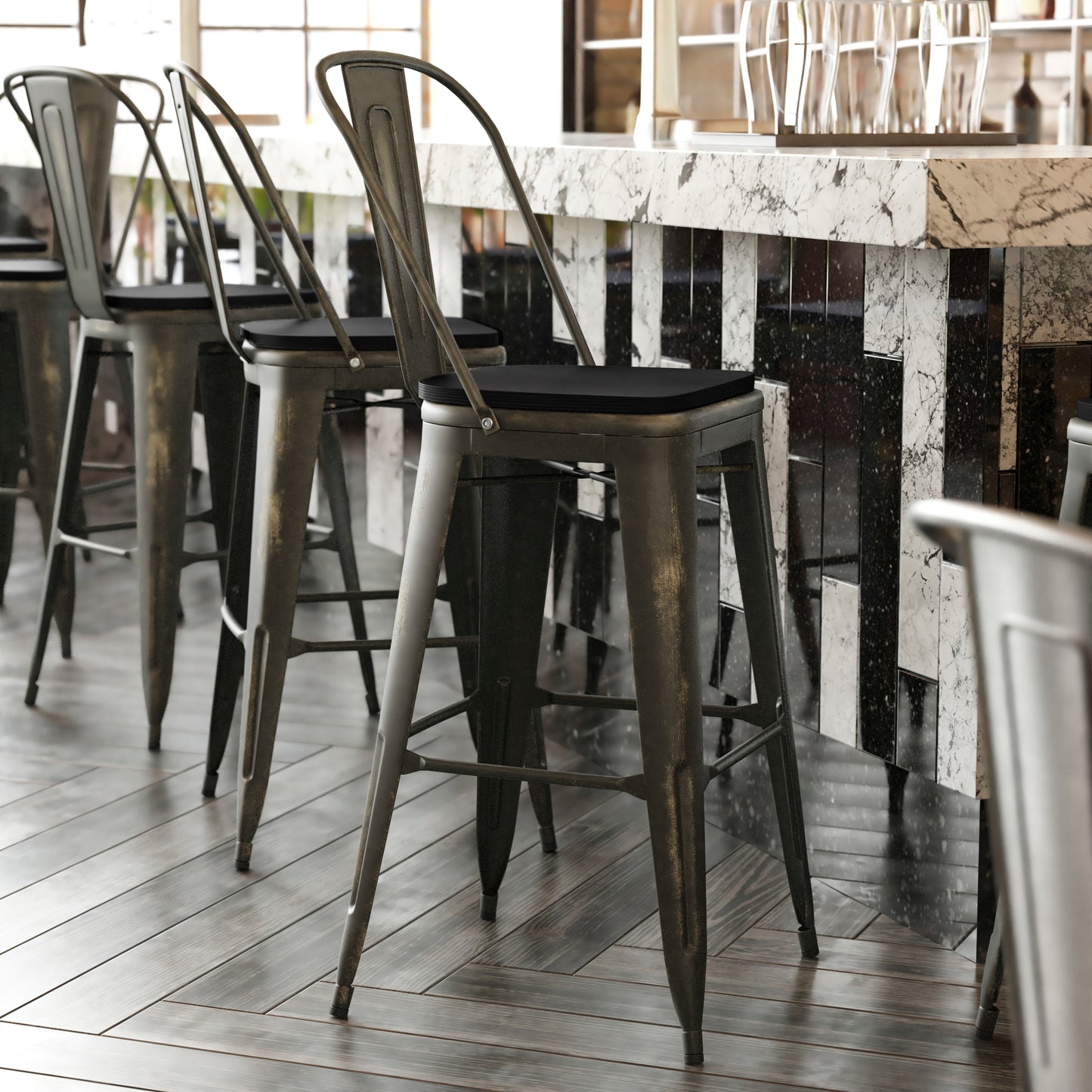 Carly Commercial Grade 30" High Copper Metal Indoor-Outdoor Barstool with Back with Black Poly Resin Wood Seat