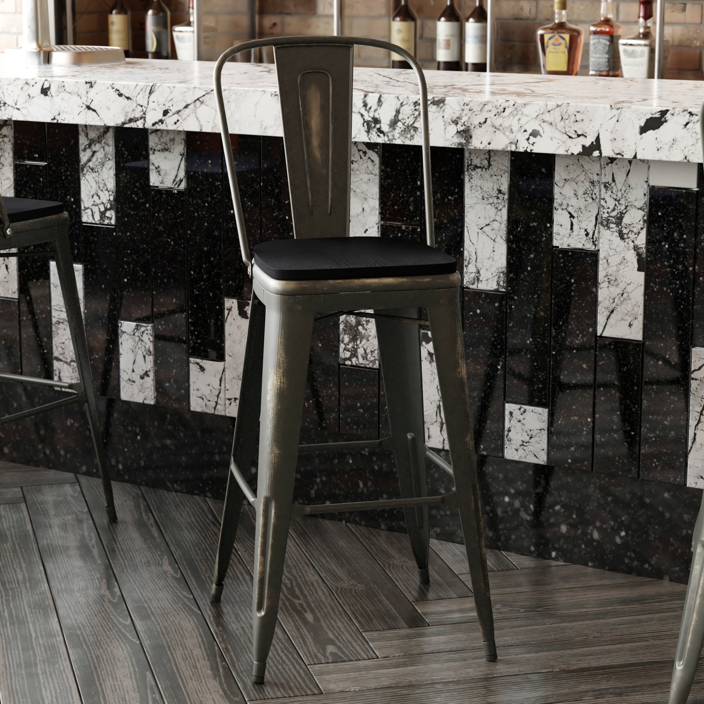 Carly Commercial Grade 30" High Copper Metal Indoor-Outdoor Barstool with Back with Black Poly Resin Wood Seat