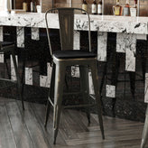 Carly Commercial Grade 30" High Copper Metal Indoor-Outdoor Barstool with Back with Black Poly Resin Wood Seat
