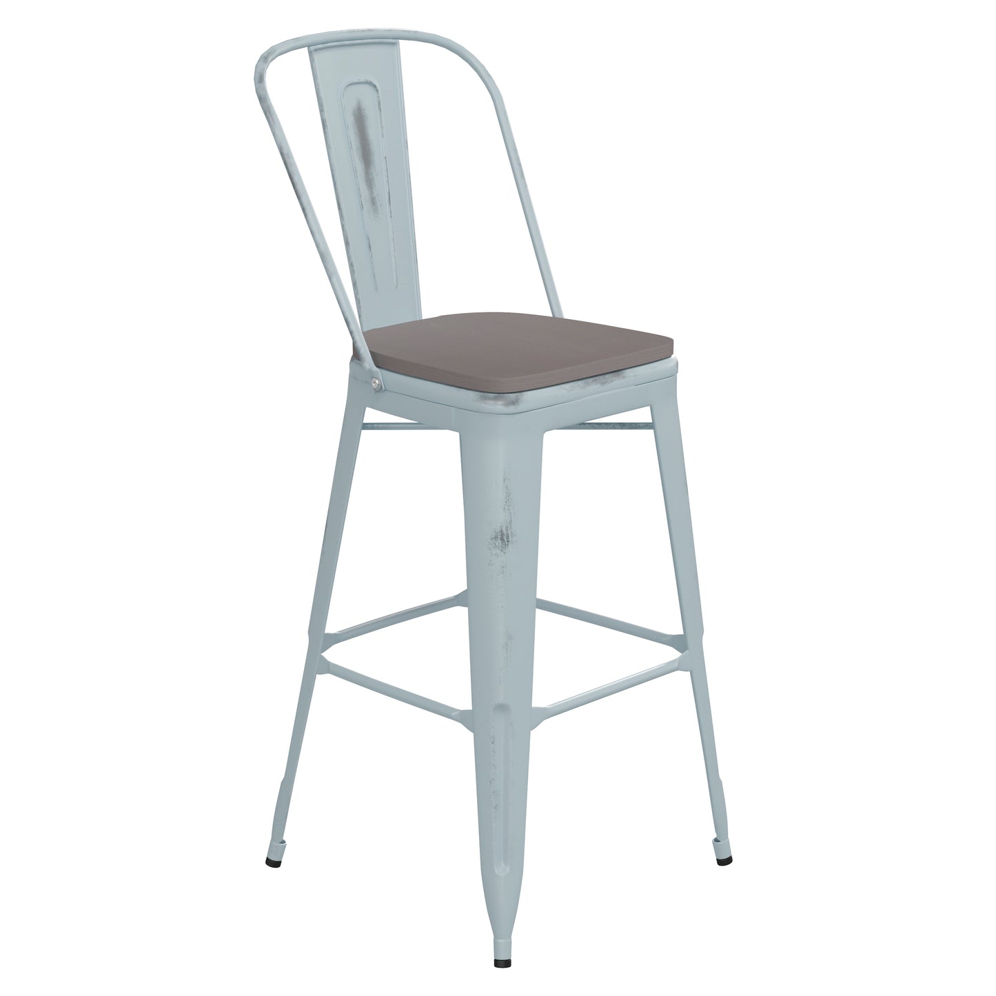 Carly Commercial Grade 30" High Green-Blue Metal Indoor-Outdoor Barstool with Back with Gray Poly Resin Wood Seat