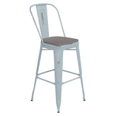 Carly Commercial Grade 30" High Green-Blue Metal Indoor-Outdoor Barstool with Back with Gray Poly Resin Wood Seat