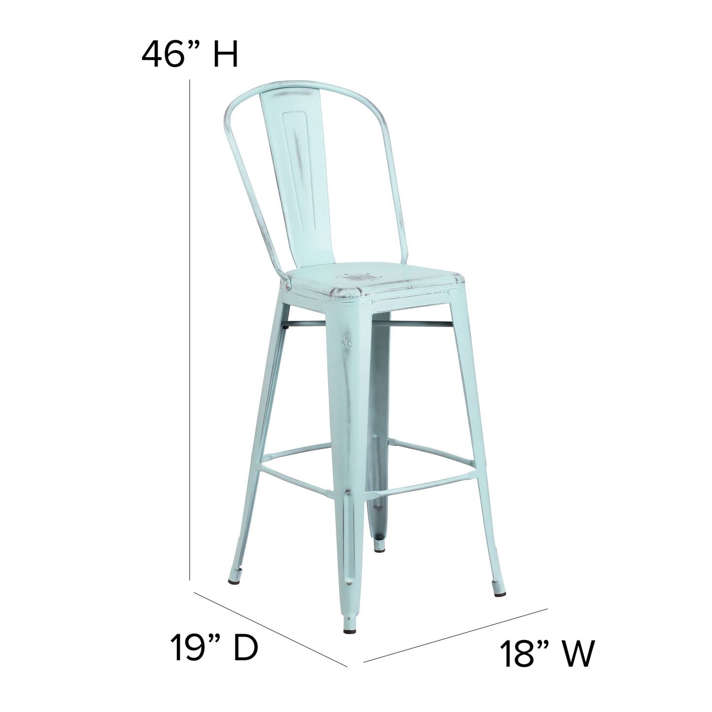 Carly Commercial Grade 30" High Green-Blue Metal Indoor-Outdoor Barstool with Back with Gray Poly Resin Wood Seat