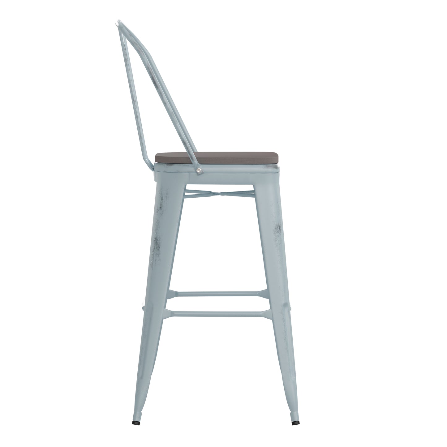 Carly Commercial Grade 30" High Green-Blue Metal Indoor-Outdoor Barstool with Back with Gray Poly Resin Wood Seat