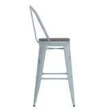Carly Commercial Grade 30" High Green-Blue Metal Indoor-Outdoor Barstool with Back with Gray Poly Resin Wood Seat