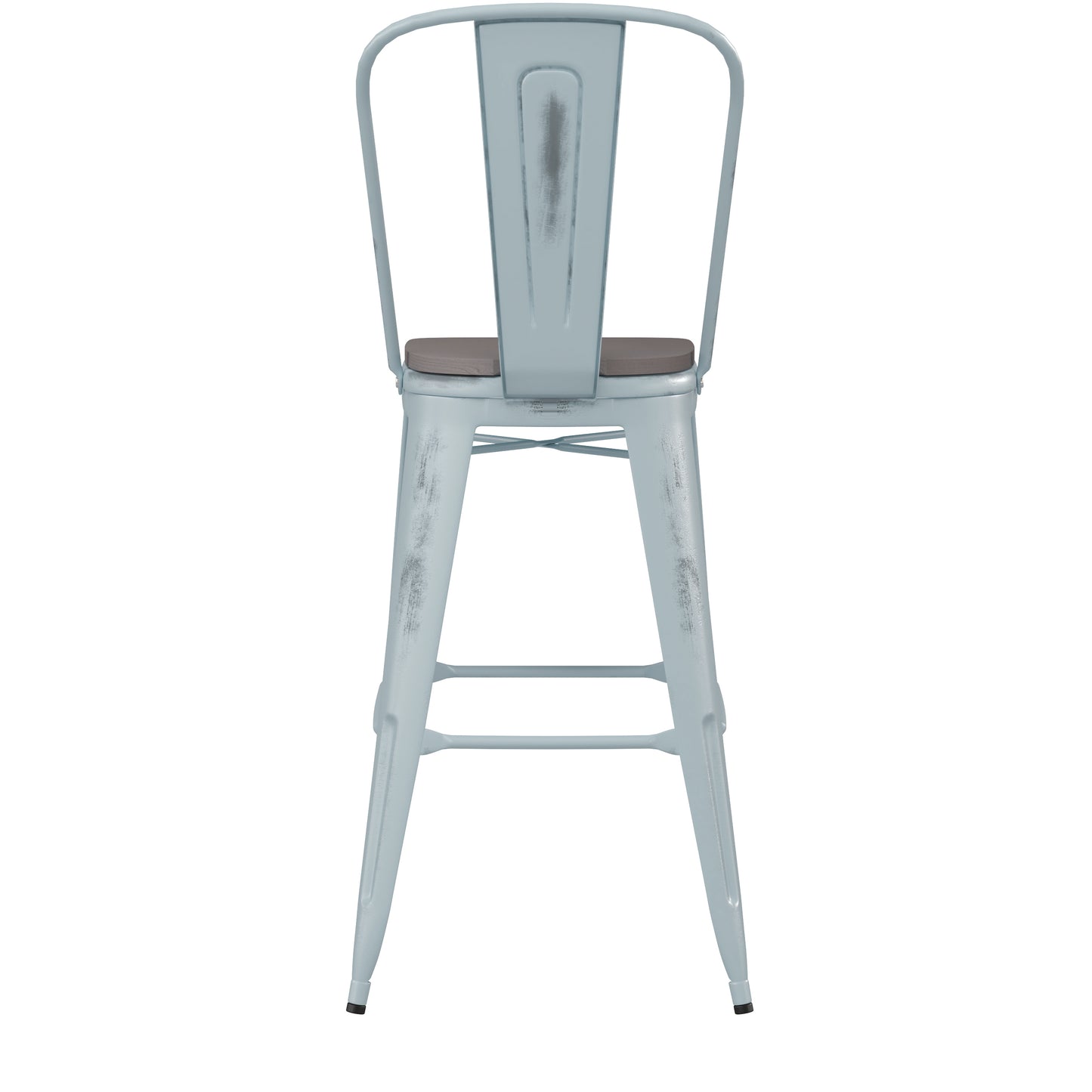 Carly Commercial Grade 30" High Green-Blue Metal Indoor-Outdoor Barstool with Back with Gray Poly Resin Wood Seat