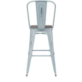 Carly Commercial Grade 30" High Green-Blue Metal Indoor-Outdoor Barstool with Back with Gray Poly Resin Wood Seat