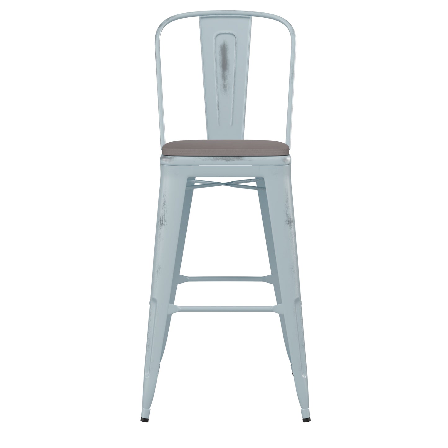 Carly Commercial Grade 30" High Green-Blue Metal Indoor-Outdoor Barstool with Back with Gray Poly Resin Wood Seat