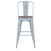 Carly Commercial Grade 30" High Green-Blue Metal Indoor-Outdoor Barstool with Back with Gray Poly Resin Wood Seat