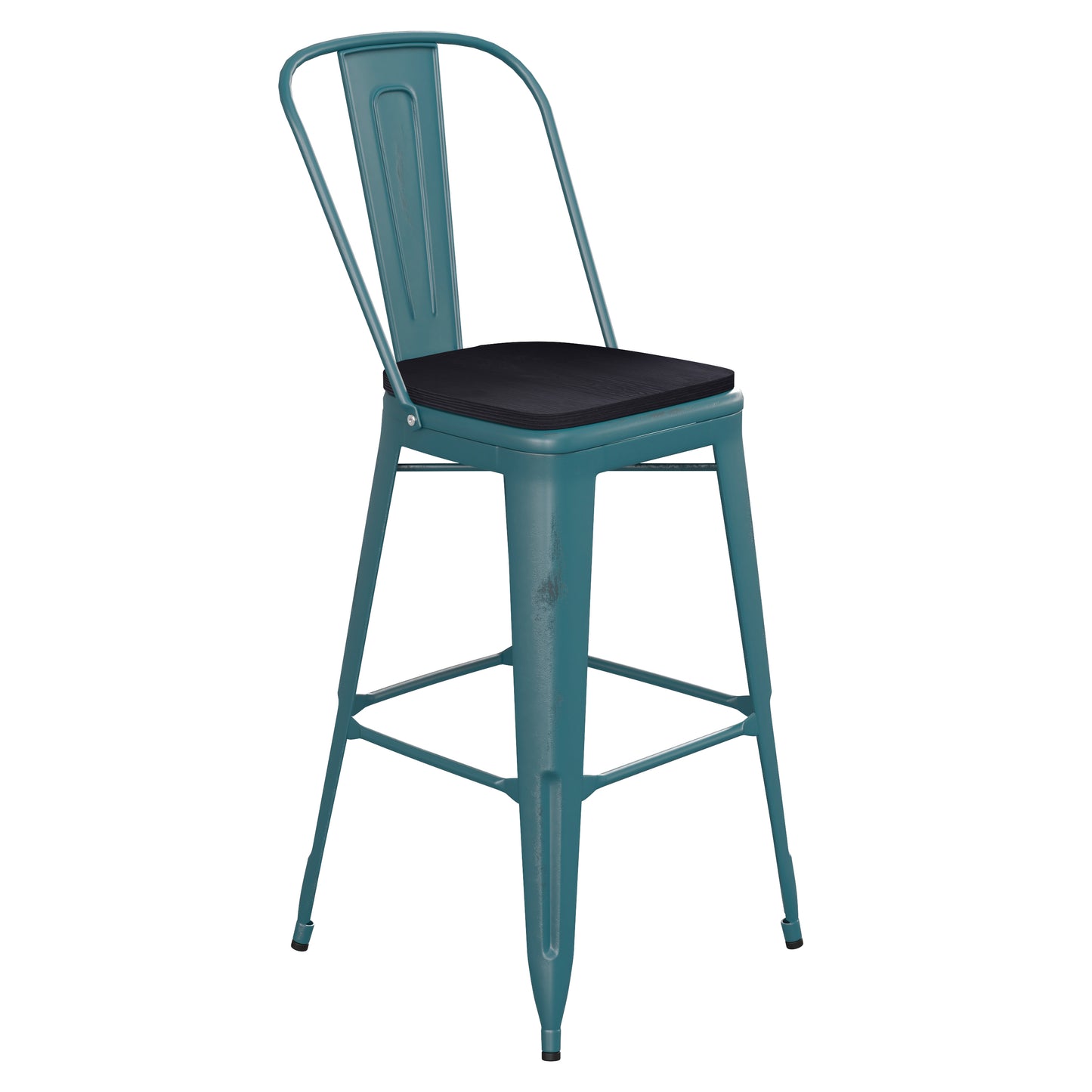 Carly Commercial Grade 30" High Kelly Blue-Teal Metal Indoor-Outdoor Barstool with Back with Black Poly Resin Wood Seat