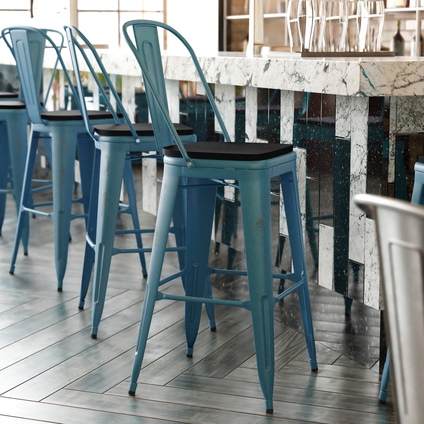 Carly Commercial Grade 30" High Kelly Blue-Teal Metal Indoor-Outdoor Barstool with Back with Black Poly Resin Wood Seat