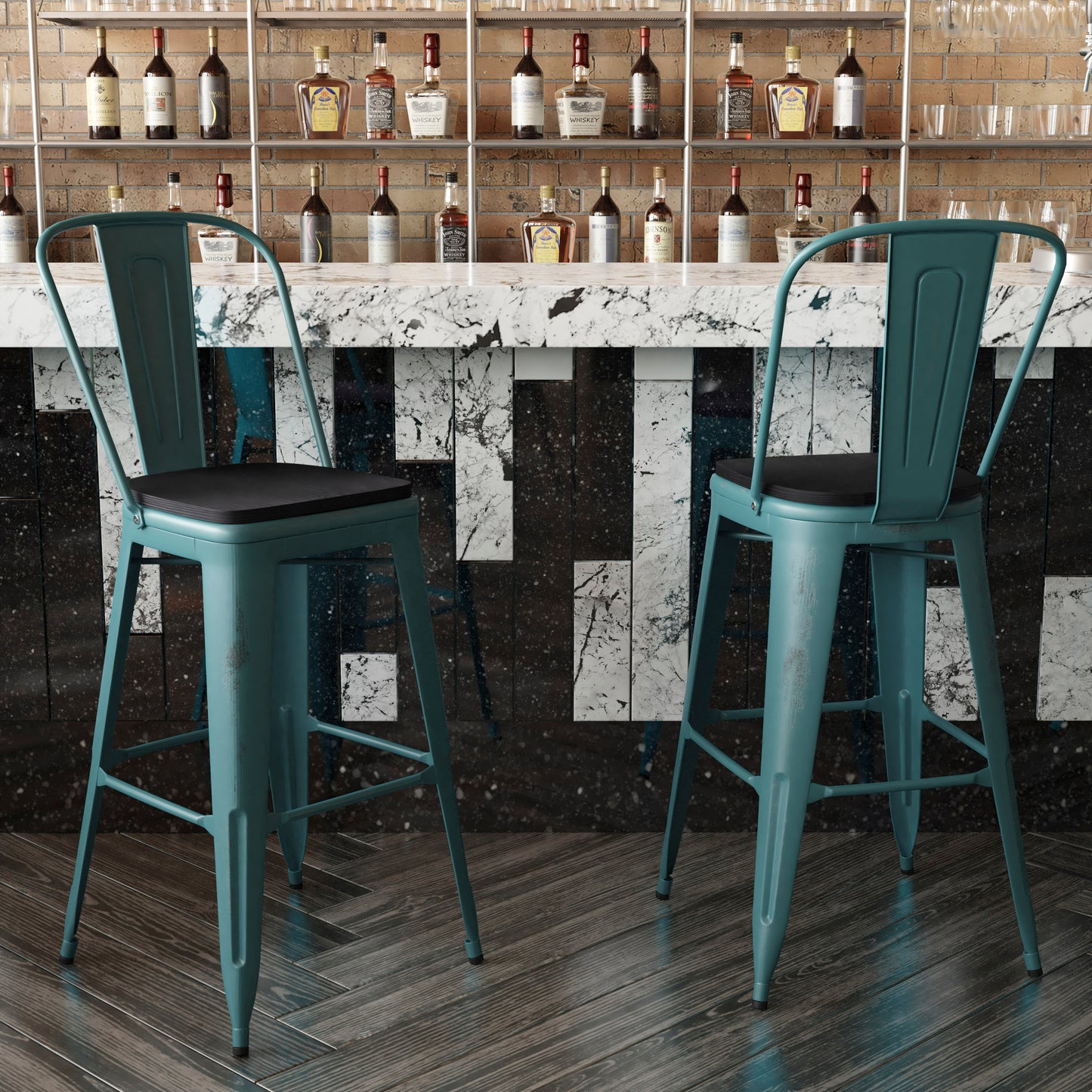 Carly Commercial Grade 30" High Kelly Blue-Teal Metal Indoor-Outdoor Barstool with Back with Black Poly Resin Wood Seat
