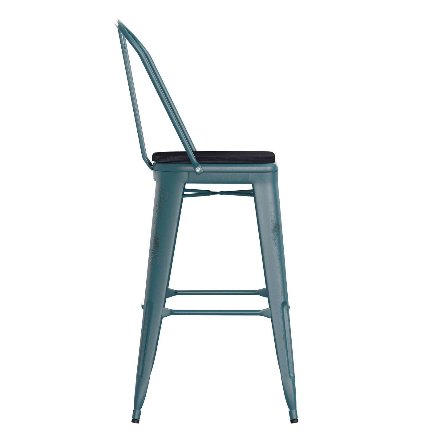 Carly Commercial Grade 30" High Kelly Blue-Teal Metal Indoor-Outdoor Barstool with Back with Black Poly Resin Wood Seat