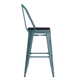 Carly Commercial Grade 30" High Kelly Blue-Teal Metal Indoor-Outdoor Barstool with Back with Black Poly Resin Wood Seat