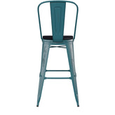 Carly Commercial Grade 30" High Kelly Blue-Teal Metal Indoor-Outdoor Barstool with Back with Black Poly Resin Wood Seat