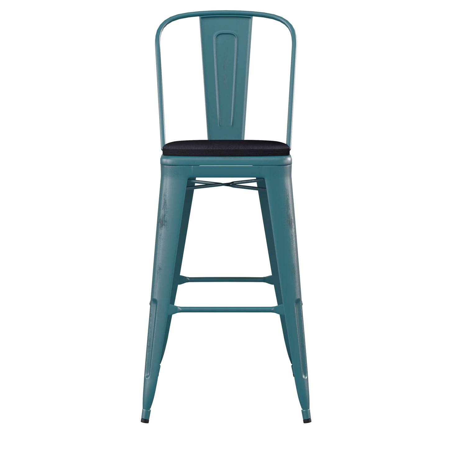 Carly Commercial Grade 30" High Kelly Blue-Teal Metal Indoor-Outdoor Barstool with Back with Black Poly Resin Wood Seat