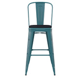 Carly Commercial Grade 30" High Kelly Blue-Teal Metal Indoor-Outdoor Barstool with Back with Black Poly Resin Wood Seat