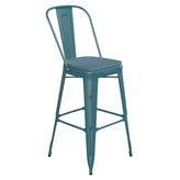 Carly Commercial Grade 30" High Kelly Blue-Teal Metal Indoor-Outdoor Barstool with Back with Teal-Blue Poly Resin Wood Seat