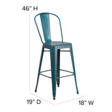Carly Commercial Grade 30" High Kelly Blue-Teal Metal Indoor-Outdoor Barstool with Back with Teal-Blue Poly Resin Wood Seat