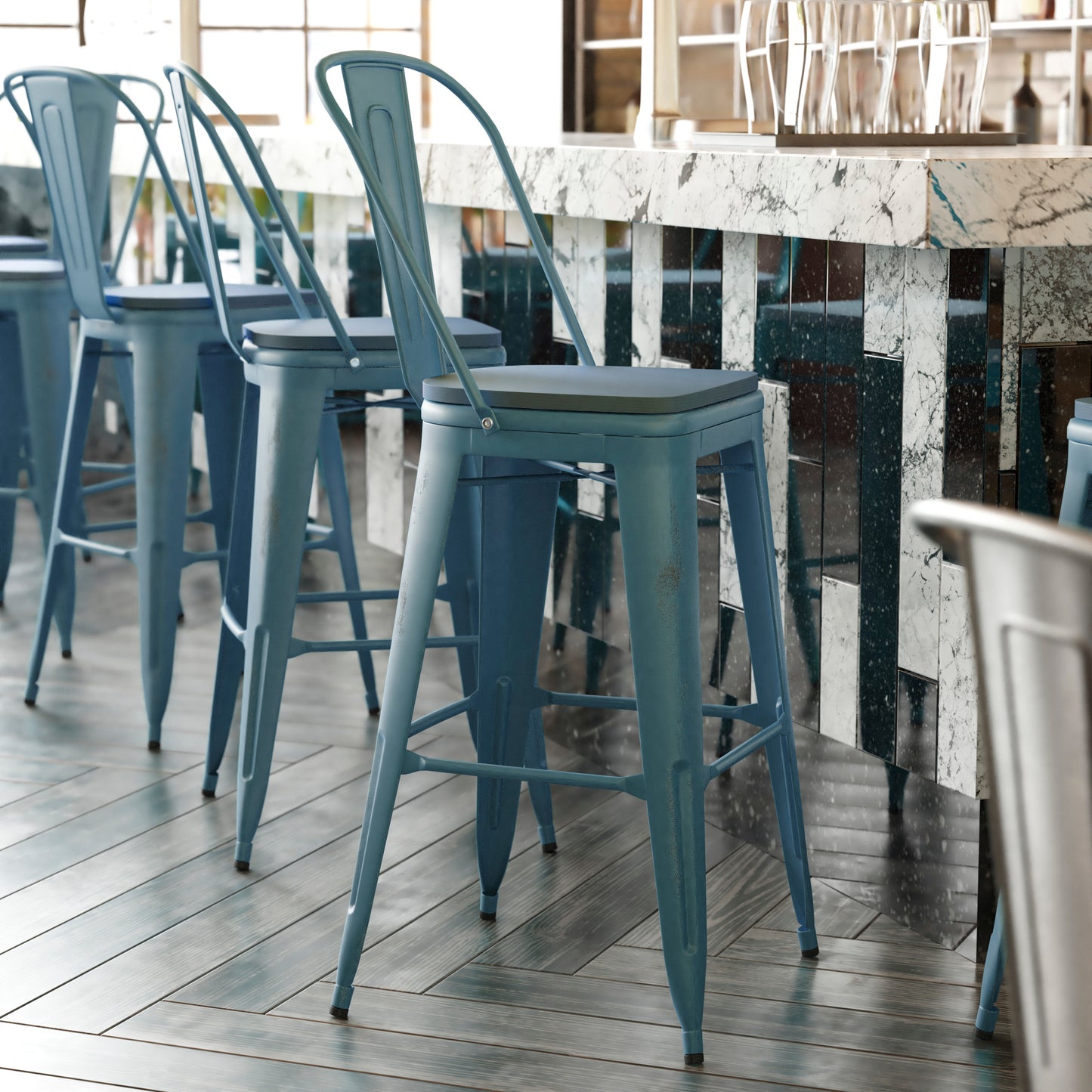 Carly Commercial Grade 30" High Kelly Blue-Teal Metal Indoor-Outdoor Barstool with Back with Teal-Blue Poly Resin Wood Seat