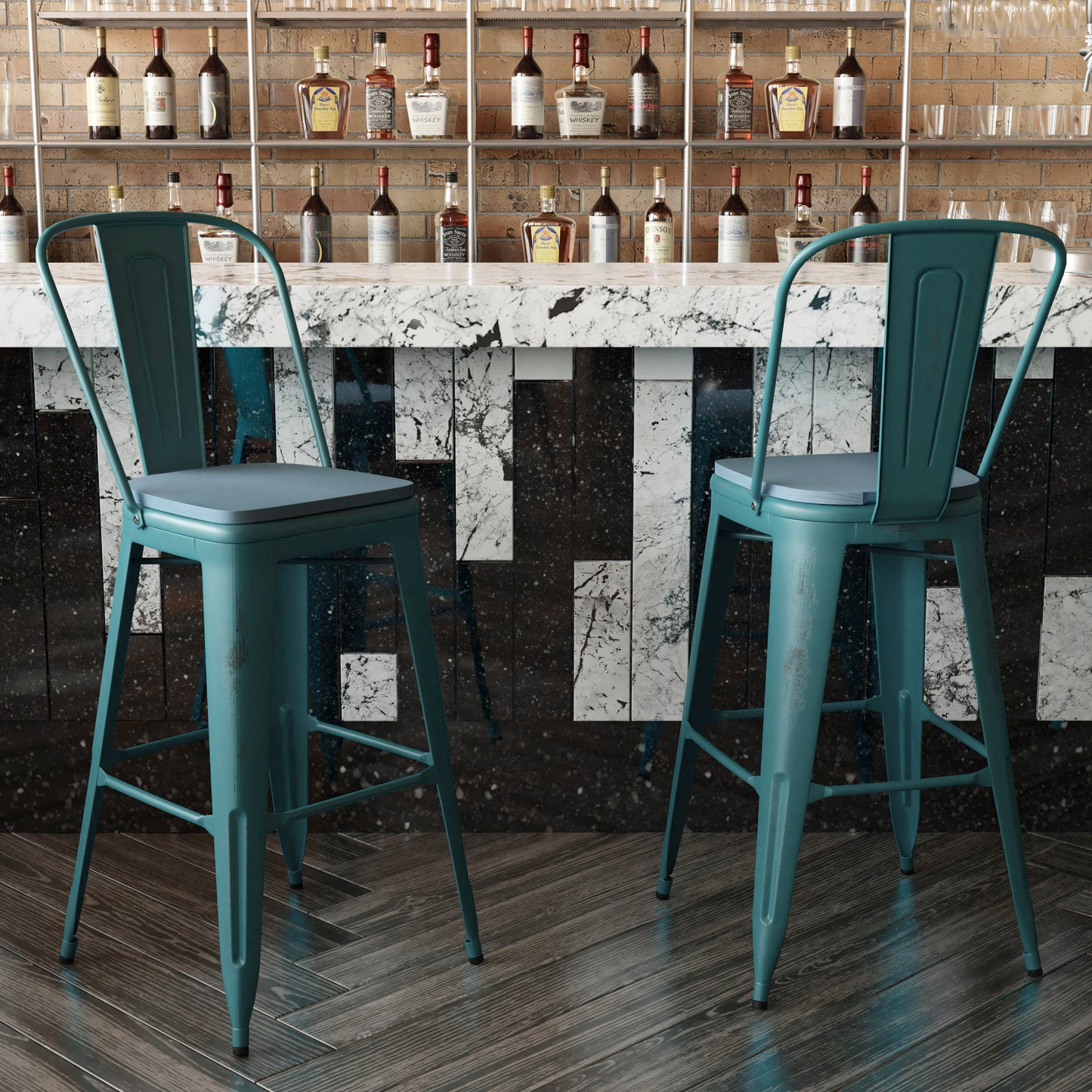 Carly Commercial Grade 30" High Kelly Blue-Teal Metal Indoor-Outdoor Barstool with Back with Teal-Blue Poly Resin Wood Seat