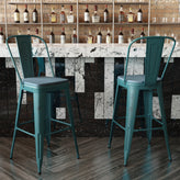 Carly Commercial Grade 30" High Kelly Blue-Teal Metal Indoor-Outdoor Barstool with Back with Teal-Blue Poly Resin Wood Seat