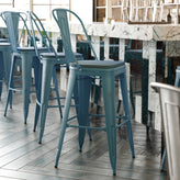 Carly Commercial Grade 30" High Kelly Blue-Teal Metal Indoor-Outdoor Barstool with Back with Teal-Blue Poly Resin Wood Seat