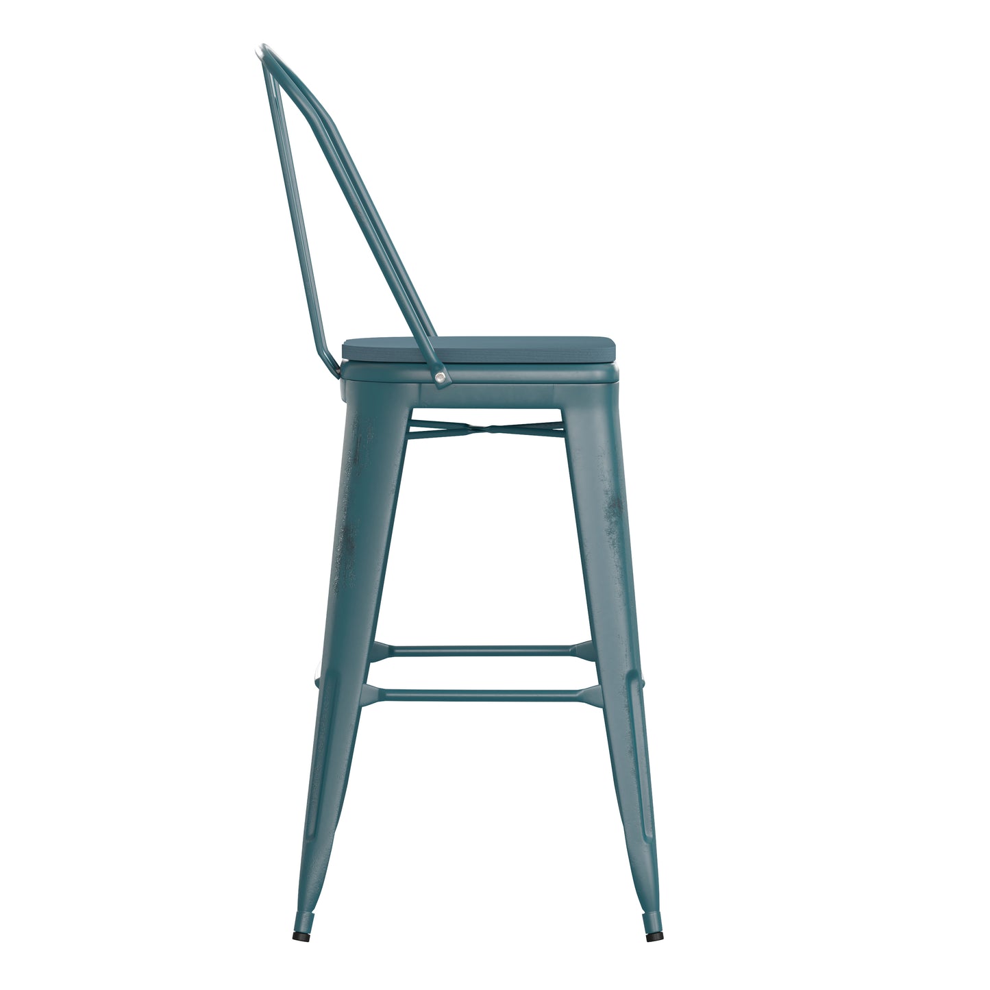 Carly Commercial Grade 30" High Kelly Blue-Teal Metal Indoor-Outdoor Barstool with Back with Teal-Blue Poly Resin Wood Seat