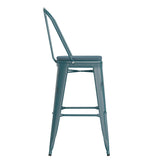 Carly Commercial Grade 30" High Kelly Blue-Teal Metal Indoor-Outdoor Barstool with Back with Teal-Blue Poly Resin Wood Seat