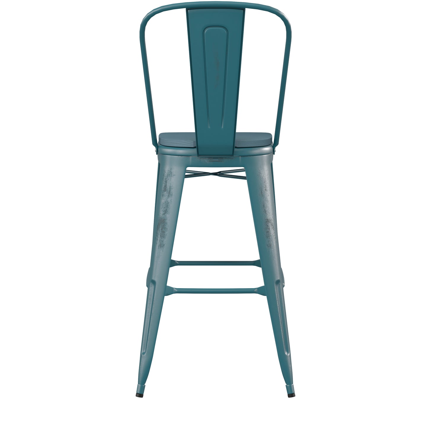 Carly Commercial Grade 30" High Kelly Blue-Teal Metal Indoor-Outdoor Barstool with Back with Teal-Blue Poly Resin Wood Seat