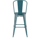Carly Commercial Grade 30" High Kelly Blue-Teal Metal Indoor-Outdoor Barstool with Back with Teal-Blue Poly Resin Wood Seat
